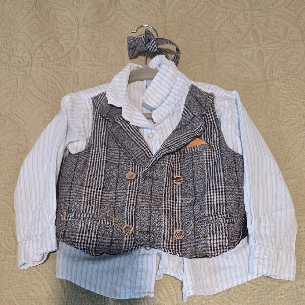 Kids Gray and White Button Down Shirt with Vest